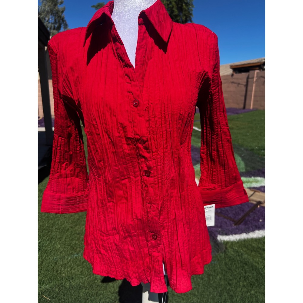 Fred David Red Crinkle Textured Button Down Shirt 3/4 Sleeve M2U236 Womens L